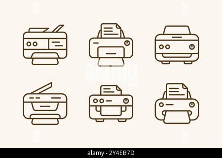 Modern printer and photocopy machine illustration line icon set design Stock Vector
