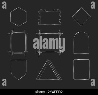 Thin silver frame. Metal square border for picture. 3d steel minimal framework with shiny sparkle. Premium decorative linear element for birthday banner design. Vintage rectangular grey template Stock Vector