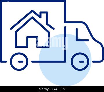 Truck with home symbol. Moving houses, delivery of tiny houses. Pixel perfect, editable stroke vector icon Stock Vector