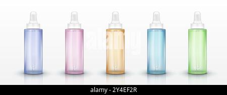 Dropper bottles set with color liquid isolated on white background. Vector realistic illustration of glass vials with pipette for cosmetic serum, oil, essence, eye or face skin care substance package Stock Vector