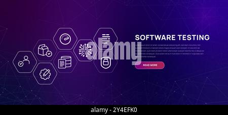 Software testing vibrant purple background with icons concept of coding review and user acceptance test code efficiency performance speed and Stock Vector