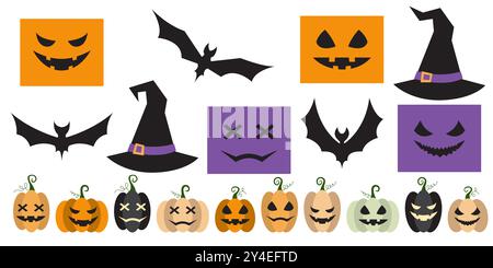 Halloween party decoration garland set with bats, pumpkins, witch hat. Cute Jack O Lantern Evil Pumpkin Garland Set for Halloween. Simple banner Stock Vector