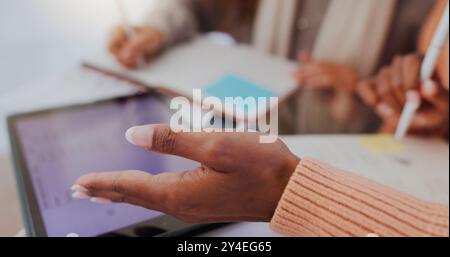 Business, woman and hands with discussion in office for annual sales target results or kpi performance. Marketing finance, people or collaboration for Stock Photo