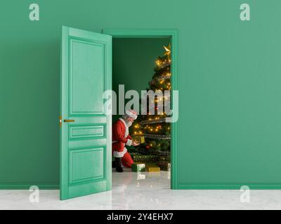 Santa Claus is placing Christmas gifts under a decorated tree in an empty room with green walls. 3d rendering Stock Photo