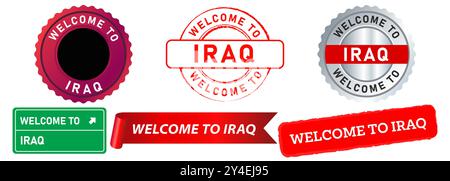 Welcome to Iraq west Asia famous place stamp badge tourist destination vacation sticker label ribbon red design set collection Stock Vector