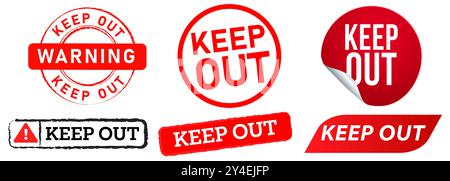 Keep out warning caution dangerous private area unauthorized disallowed stamp badge red sticker design set collection Stock Vector