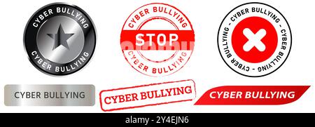 Stop cyber bullying bad behavior social media problem issue internet harassment stamp badge sticker mark design set collection Stock Vector