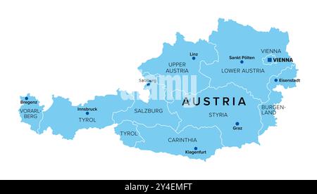 Silhouette of Austria with federal states, blue political map. The Republic of Austria, a landlocked country in Central Europe with its capital Vienna. Stock Photo