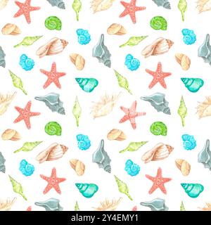 Hand drawn watercolor seashells seamless pattern isolated on white background. Marine illustration can be used for textile, fabric, wrapping and other Stock Photo
