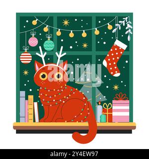 Cat with Christmas Garland and Antlers on Head Stock Vector