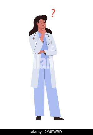 Doctor woman standing in lab coat and stethoscope thinking with question mark. Female medic character with her hand on chin. Concept of searching of i Stock Vector