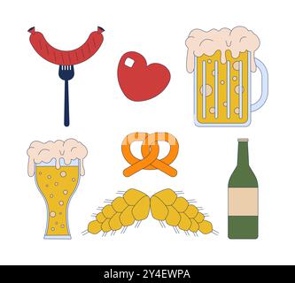 Fresh beer with snacks and ingredients 2D cartoon objects set Stock Vector