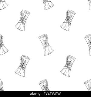 Pattern with Scroll with branch of rosemary tied with rope. Witchcraft, conspiracies, spells, halloween attribute, hand drawn doodle, scroll with torn Stock Vector