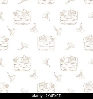 autumn pattern with chanterelles and basket of mushrooms, contour drawings of mushrooms on white background. Vector illustration Stock Vector