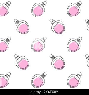 Perfume pink bottles doodle pattern, in minimalist style featuring line art. . Vector illustration Stock Vector