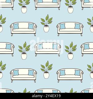 pattern featuring sofas and pillows, potted plants on light blue background, stylish and cozy perfect for home decor inspiration. Vector illustration Stock Vector