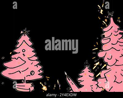 Hand-Drawn New Year Background with Transparent Warm Pink Christmas Trees, Toys, and Sparklers Stock Vector