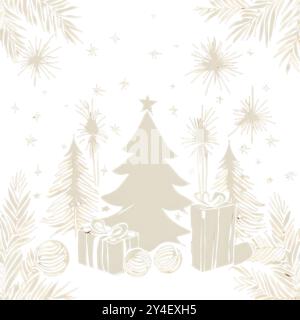 Festive New Year Background with Sparklers, Gifts, and Spruce Branches in Natural Titanium Color Stock Vector