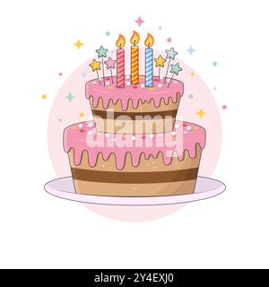 Colorful two layers birthday cake in cartoon style with candles and stars on top and colorful confetti on cream. Party chocolate cake vector. Stock Vector