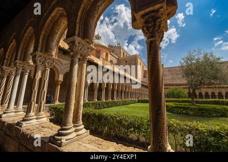 MONREALE, ITALY 16 JUNE, 2023 - Benedictine Cloister in Monreale, province of Palermo, Sicily, Italy Stock Photo