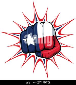 powerful punching fist front view with comic blast texas tx state flag illustration vector on transparent background Stock Vector