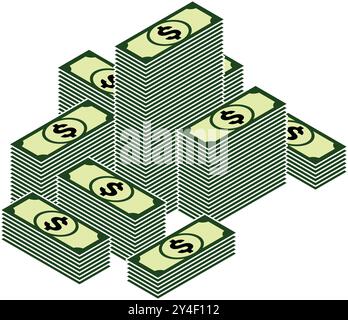 big stack multiple piles of bank currency money dollar notes 3d isometric icon vector on transparent background Stock Vector