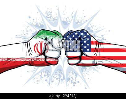 usa america iran war fighting conflict tension punching fists flags concept side view illustration vector on white background Stock Vector