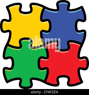 4 simple symmetrical colored puzzle pieces with black outline connected together logo blue green yellow red vector isolated on transparent background Stock Vector