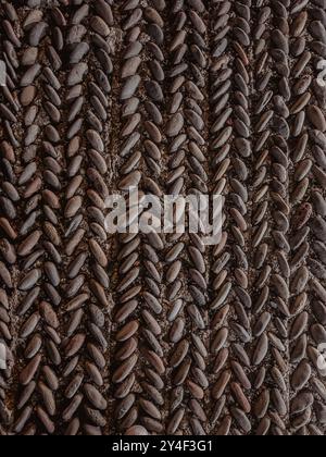 Round stones in the ground. Texture of the cobblestones. Paved road. The paving stones. Abstract background Stock Photo
