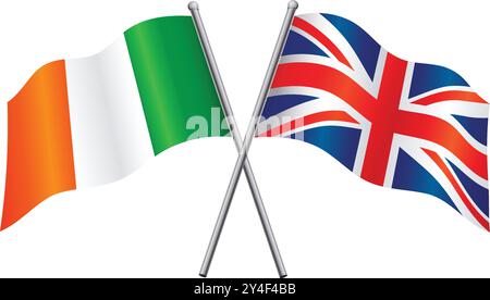 UK great britain united kingdom and ireland irish flags in relationship alliance or versus crossed vector isolated on transparent background Stock Vector