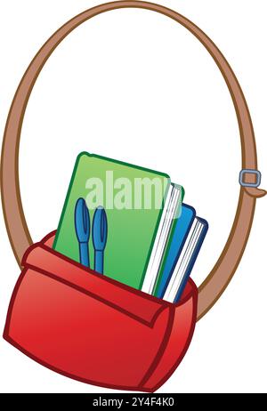 school or college student red shoulder bag satchel with books vector isolated on transparent background Stock Vector