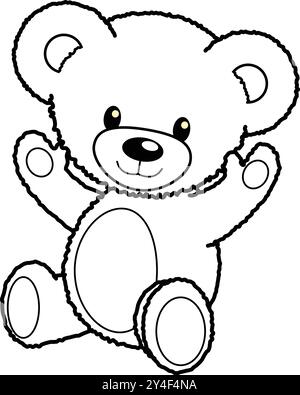 classic cute cuddly fuzzy teddy bear sitting line drawing for coloring activity book vector image isolated ion transparent background Stock Vector