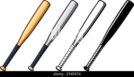 classic wood metal baseball softball bat illustration set of 4 base soft ball vector on transparent background Stock Vector