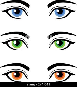 simple beautiful human female blue green brown eyes vector illustration black and white icon set transparent background Stock Vector