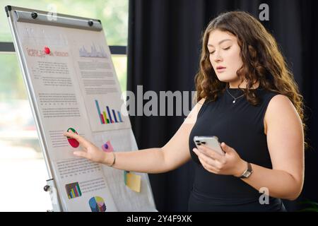 A confident plus-size businesswoman reviews her charts while discussing insights in the trendy office environment. Stock Photo