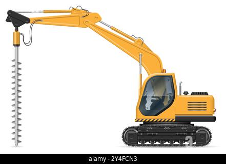 Yellow hydraulic crawler drill, view from the side isolated on a white background. Construction and mining vehicle vector mockup Stock Vector