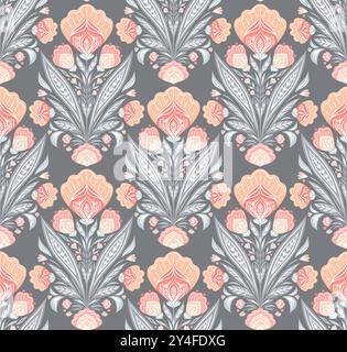 Vector decorative folk art seamless ornament in delicate colors on gray background. Flat tracery pattern with pink flowers and foliage bouquets Stock Vector