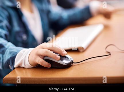 education technology hand of small school child on computer mouse Stock ...