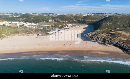 aerial view of the beach at the mouth of the river lizandro  Praia da Foz do Lizandro Ericeira Portugal Stock Photo