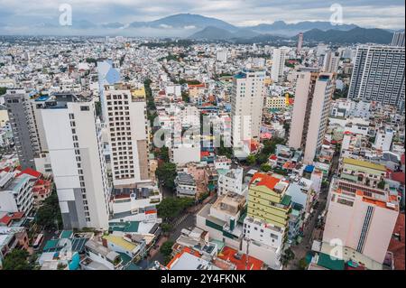 Panoramic aerial view of Nha Trang city in Vietnam in the morning with sky and clouds. Nha Trang, Vietnam - July 18, 2024 Stock Photo