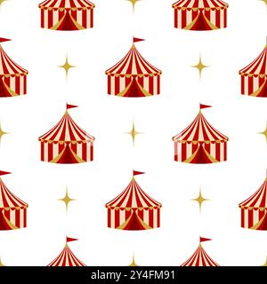 A seamless pattern of red and yellow circus tents with small star accents. For carnival themed project. Perfect for background, wallpaper and party de Stock Vector