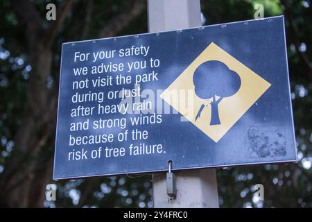 Winds Tree Risk Sign warning people not to visit Hyde Park after heavy rain or strong ...