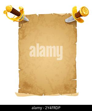 Pirate vintage scroll paper with stuck dagger and saber. Cartoon vector ...