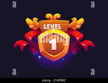 Game level up badge icon of victory rank shield for GUI interface popup, vector banner. 1 level up badge with wooden shield and ribbon for arcade video game and first level achievement reward Stock Vector
