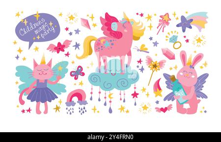 Magic animals set. Big collection with fairytale characters, fairy cat, animals with horns, unicorn on cloud, rainbow, falling stars, crystals and cut Stock Vector