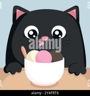 Cute cartoon cat is looking forward to ice cream. Cat is eating ice cream. Vector illustration Stock Vector