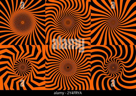 Psychedelic Halloween spiral patterns set. Retro abstract vector backgrounds of Helloween black orange wavy swirls. Halloween tie dye optical illusion patterns with geometric motif of zigzag spirals Stock Vector