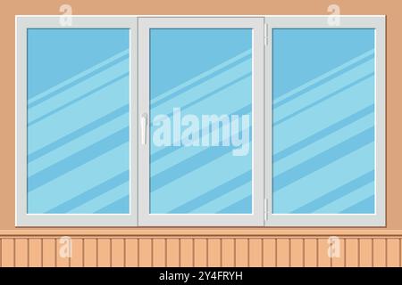 Plastic modern triple casement window in flat style. Closed window on wooden wall. Vector illustration Stock Vector