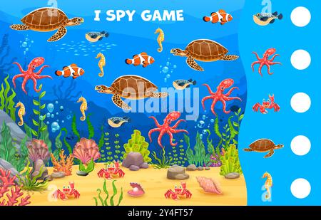 I spy kids game worksheet with sea underwater animals. Vector riddle How many sea turtles, octopuses, seahorses, pufferfish and crabs. Children test, educational math task for baby mind development Stock Vector
