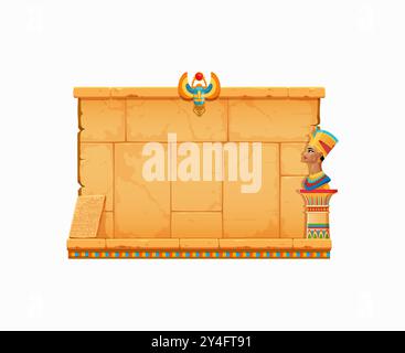 Arcade game frame, ancient Egypt or vintage Egyptian stone wall and papyrus, vector GUI interface. Egypt adventure arcade game stone wall for level menu buttons background with scarab and Nefertiti Stock Vector